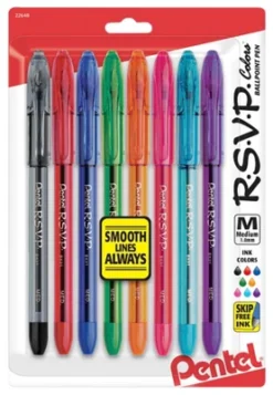 Pentel R.S.V.P. Refillable Ballpoint Pen, 1 Mm Medium Tip, Assorted Color Ink, Clear Barrel, Pack Of 8