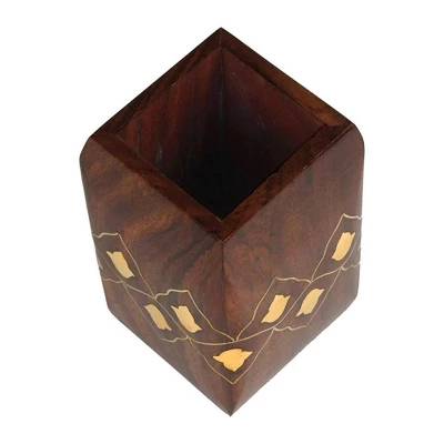 Store Indya Wooden Pen Pencil Office Stationary Holder Stand Hand Carved With Intricate Brass Inlay Design 4 Store Indya Wooden Pen Pencil Office Stationary Holder Stand Hand Carved With Intricate Brass Inlay Design - Image 2
