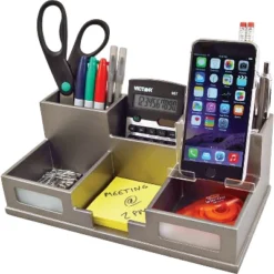 Victor Technology Wood Desk Organizer With Smart Phone Holder Classic Silver 5.5"" X 10.4"" X 3.5""