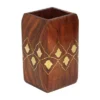Store Indya Wooden Pen Pencil Office Stationary Holder Stand Hand Carved With Intricate Brass Inlay Design
